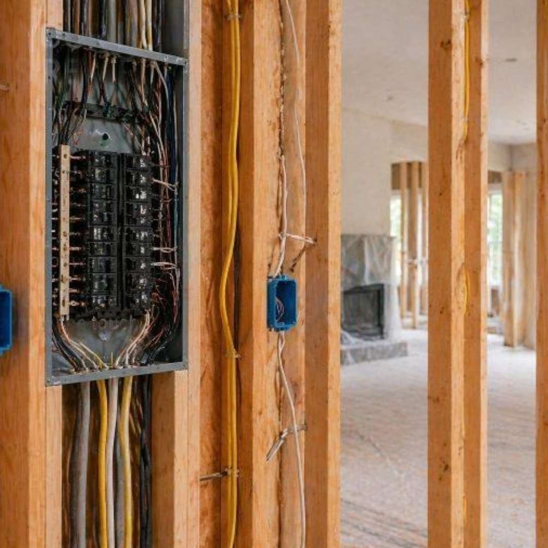 Worker installing light bult in an unfinished room.
